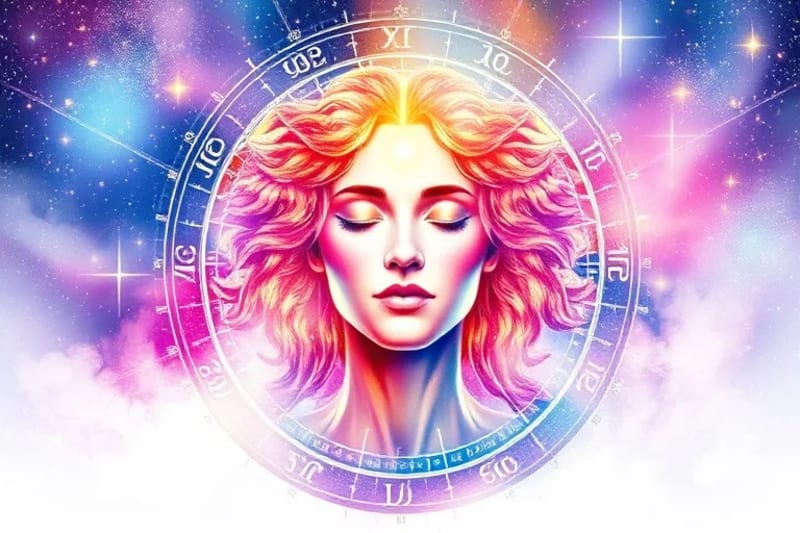 Integrated figure with vibrant aura and birth chart overlay
