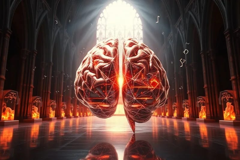 Representación 3D de un cerebro humano interconectado con estructuras geométricas de IA y proyecciones holográficas de textos sagrados y científicos.