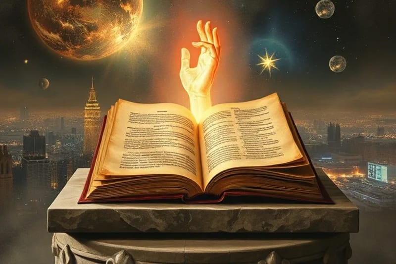 Pintura al óleo de un libro antiguo cuyas páginas se transforman en código binario y circuitos, con una mano humana extendiéndose hacia una luz abstracta.