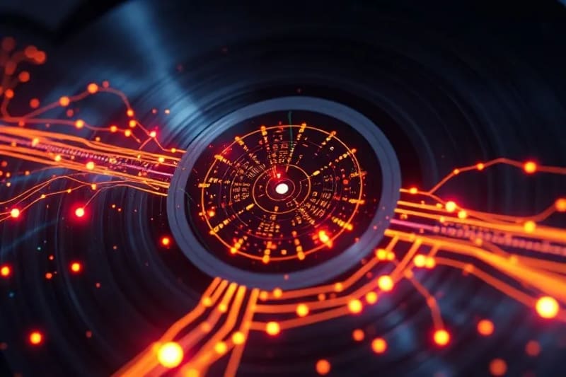 Render 3D abstracto de un procesador cuántico con qubits brillantes y conexiones de luz, con la silueta de un ábaco en el fondo, simbolizando la evolución de la computación