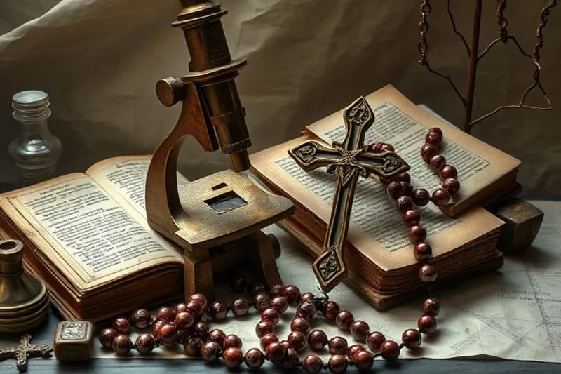 Bodegón conceptual con instrumentos científicos antiguos y objetos religiosos como un rosario y una cruz, iluminados con una luz suave.