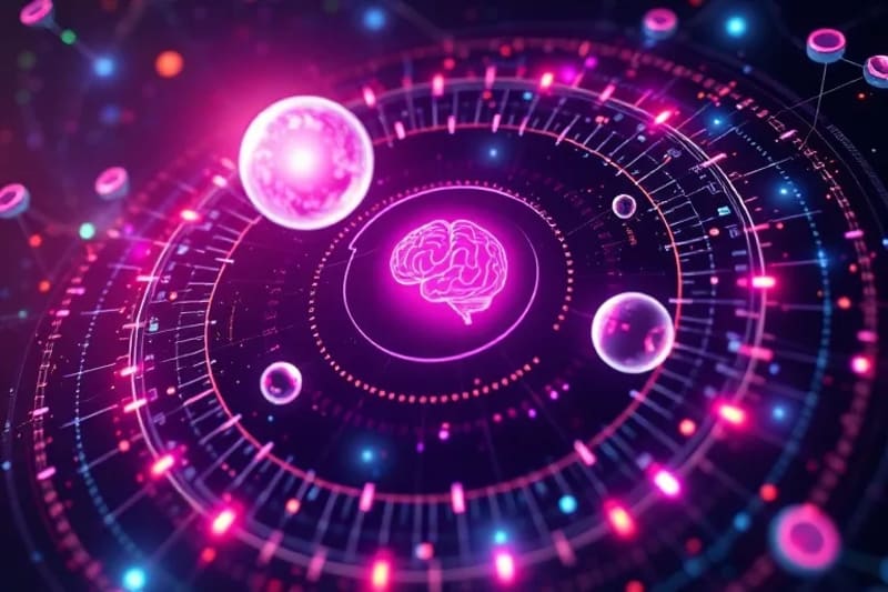 Ilustración vectorial de una red neuronal o algoritmo de IA analizando datos orbitales, con planetas y líneas de trayectoria conectadas, simbolizando la optimización de rutas espaciales.