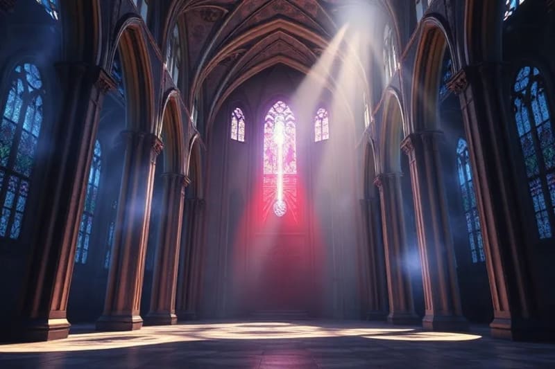 Representación abstracta de la conciencia y el sufrimiento con hilos de luz translúcidos formando un contorno humano y brillos rojos en las ubicaciones de las estigmas.