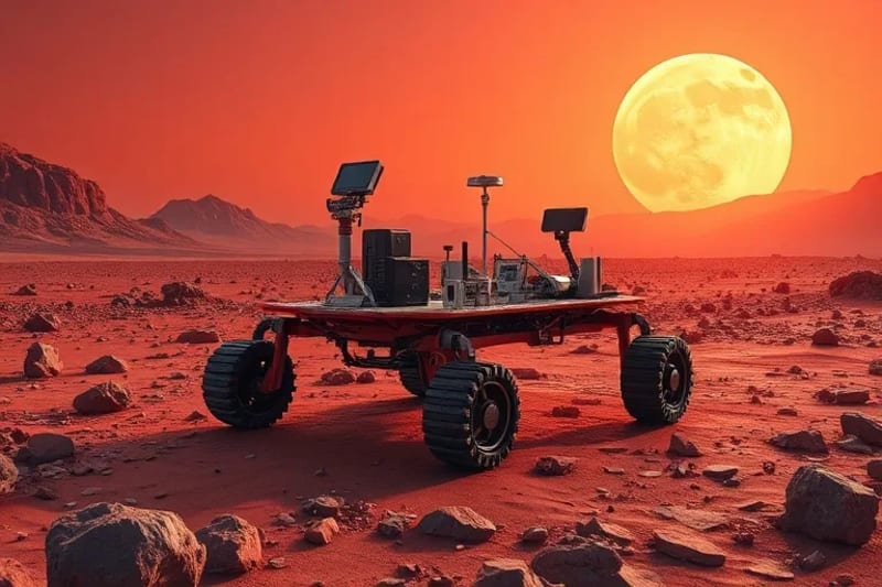 Renderizado 3D de un rover explorando la superficie rocosa de Marte, con el cielo rojizo y un equipamiento científico desplegado, simbolizando la exploración y sus desafíos tecnológicos.