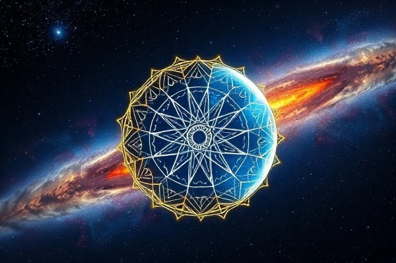 Globo estilizado con órbitas planetarias y flujos de datos hacia un núcleo de IA.