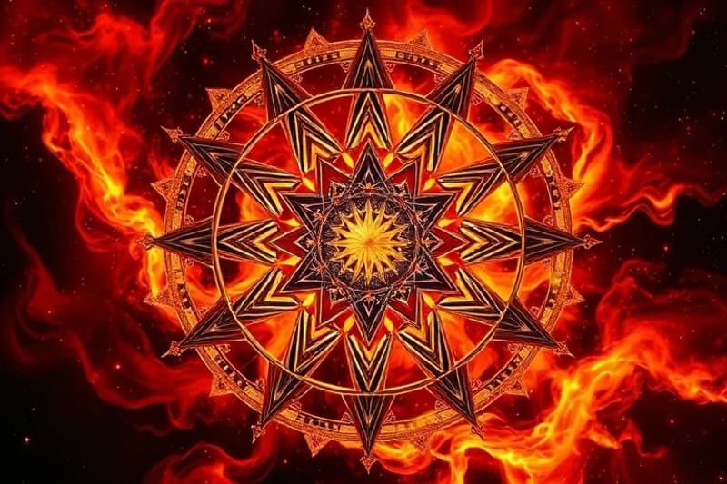 Dynamic vortex of fiery energy, showing untamed flames transitioning into controlled, vibrant embers, with subtle planetary glyphs.