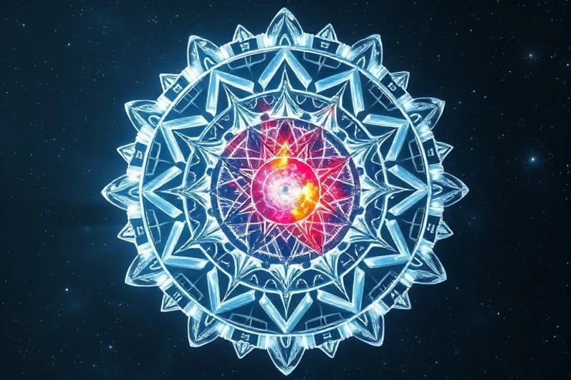 Abstract 3D render of interlocking crystal gears, representing planetary cycles, with a pulsating fire element at the core.