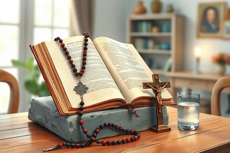 Variedad de objetos religiosos bendecidos en un ambiente de recogimiento