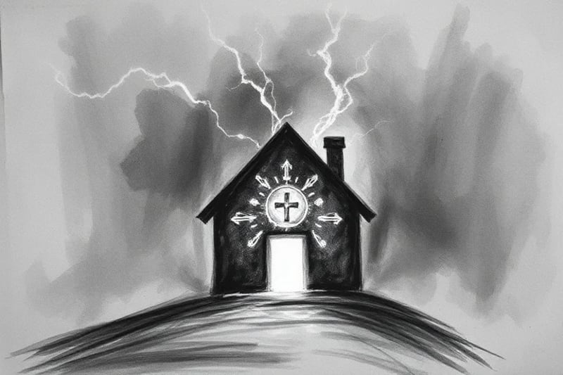 Escudo de luz con símbolos de fe protegiendo un hogar en un entorno incierto