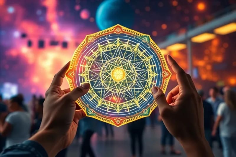 Manos sosteniendo una tableta holográfica con un gráfico astrológico, con un fondo borroso de personas interactuando en un entorno de realidad virtual.