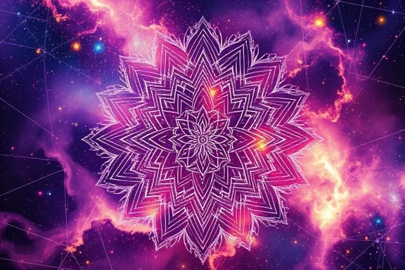 Pintura digital abstracta de elementos cósmicos fusionándose con circuitos y símbolos de carreras digitales como avatares y blockchain.