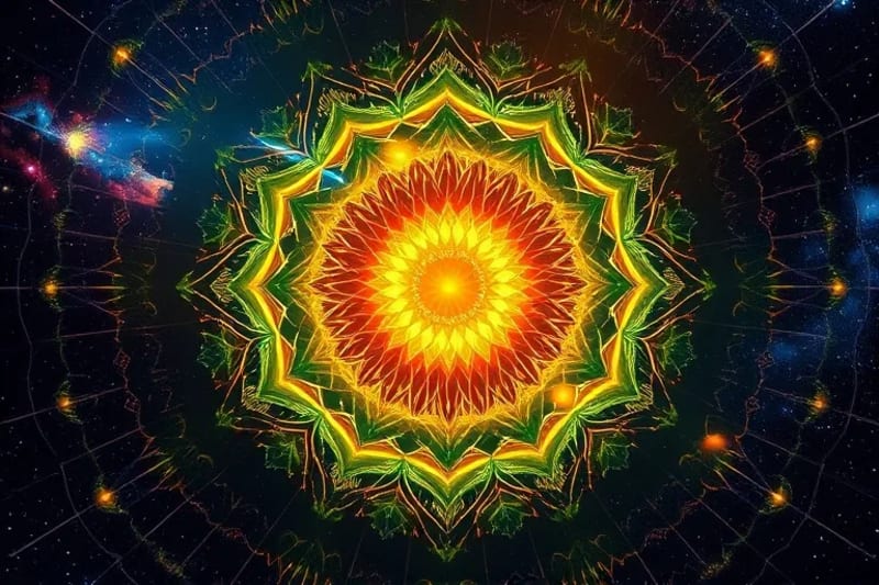 Intricate digital painting of bio-resonance patterns emanating from Earth, interacting with flora and fauna energy fields