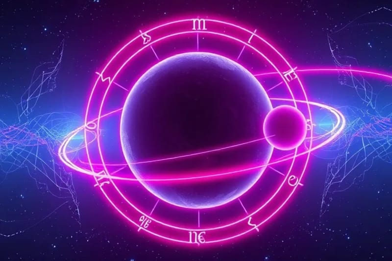 Abstract 3D render of harmoniously aligned planets connected by pulsing energetic lines, symbolizing cosmic frequencies