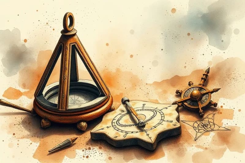 Watercolor painting of ancient astrological instruments and modern spiritual symbols