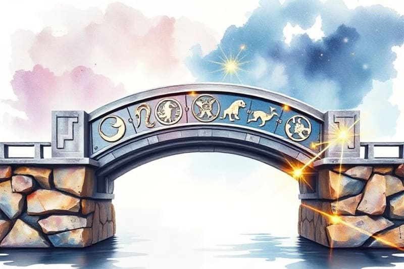 3D render of a symbolic bridge connecting ancient and modern astrological concepts