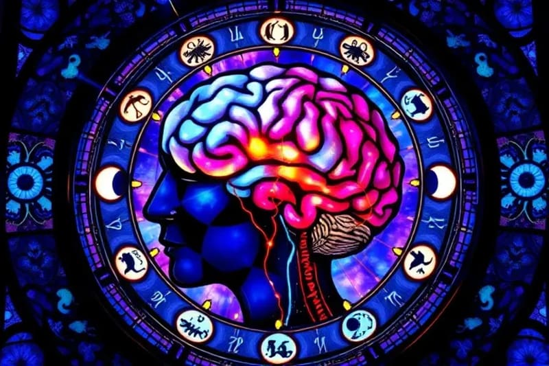 Diagrama complejo que ilustra la interconexión entre el cerebro humano, las hormonas, el ciclo circadiano y las fases lunares, con líneas de energía sutiles y símbolos astrológicos.