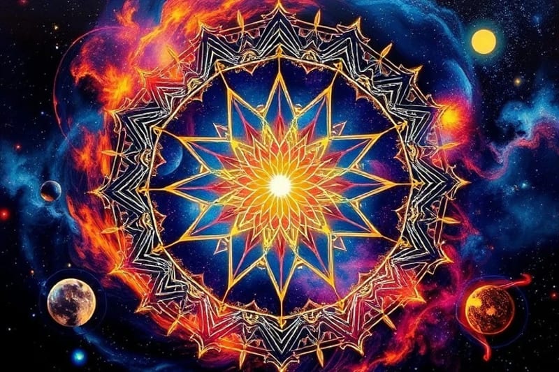 Un individuo meditando en un entorno natural sereno, rodeado de un aura energética que se conecta con un cielo estrellado y símbolos de geometría sagrada, representando la armonía entre el ser y el cosmos.