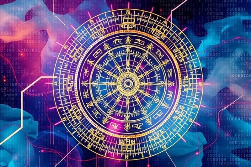 Abstract watercolor of data merging with ancient calendar symbols