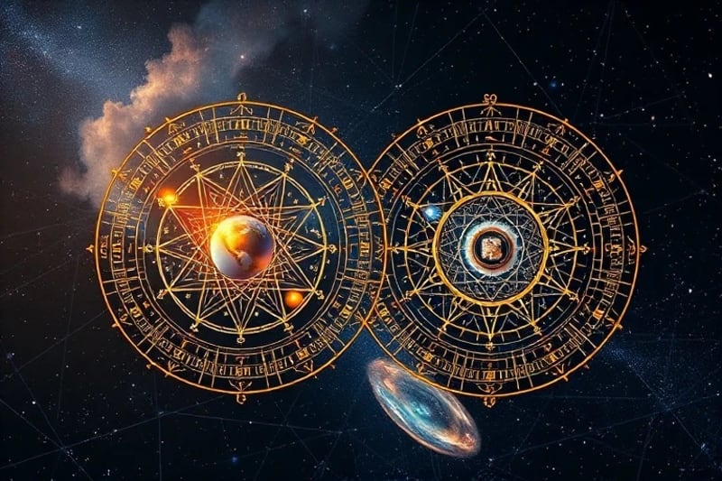 Overlapping astrological birth charts with glowing energy lines