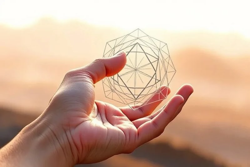 Mano humana tocando proyección holográfica con símbolos sagrados y datos