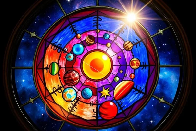 Scientific illustration of a human cell with planetary frequency lines influencing its internal structures, set against a cosmic backdrop.