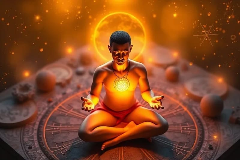 Mystical photography of a meditating figure surrounded by glowing planetary energy fields, conveying peace and cosmic connection.