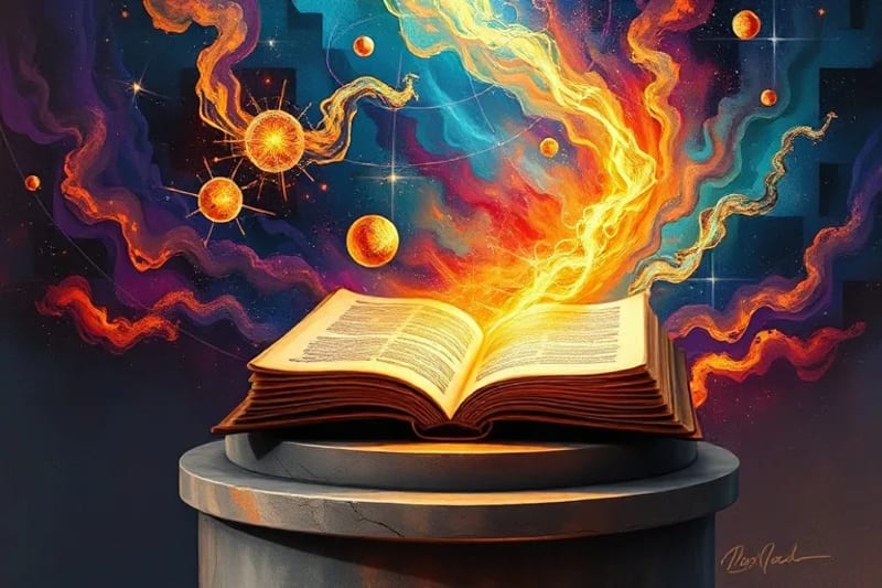 Pintura al óleo abstracta con patrones de luz y color que representan la interconexión cósmica y la armonía universal.