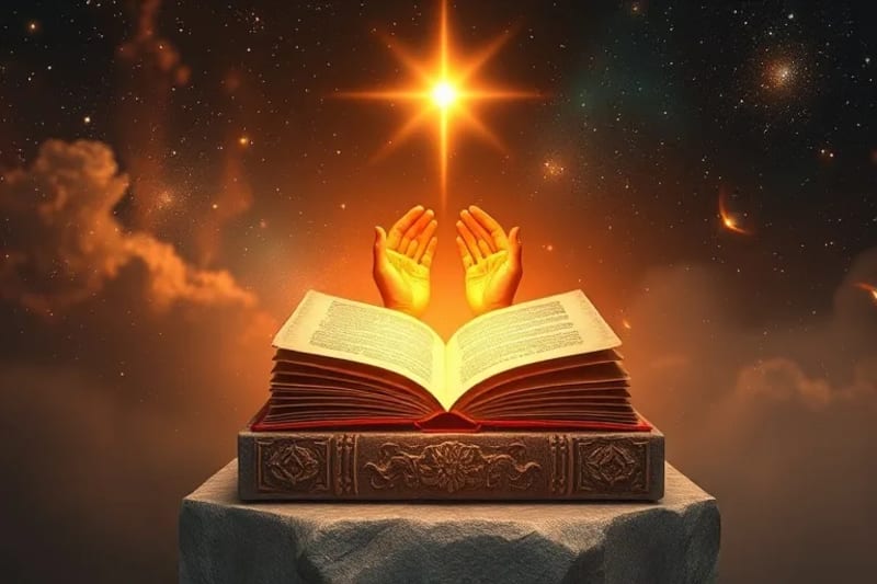 Representación conceptual de dos manos etéreas, hechas de luz, tocándose suavemente en un fondo cósmico, simbolizando la conexión entre lo divino y la fe humana.