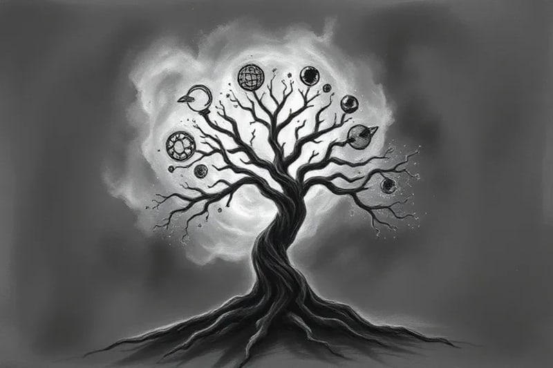 Crystalline tree of life with planetary symbols and cosmic nebula