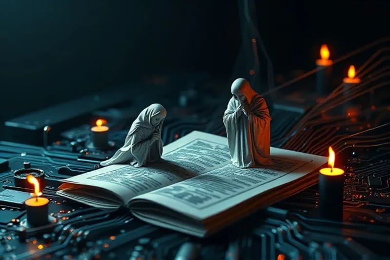 Pergaminos antiguos y circuitos modernos con figuras etéreas