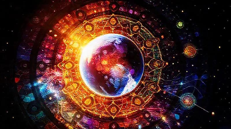 Representación abstracta de ondas sonoras y símbolos planetarios entrelazados