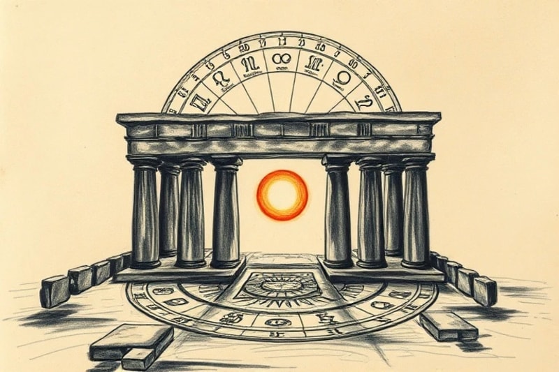 Detailed digital painting of an ancient celestial alignment diagram, showing intricate symbols and cosmic patterns.