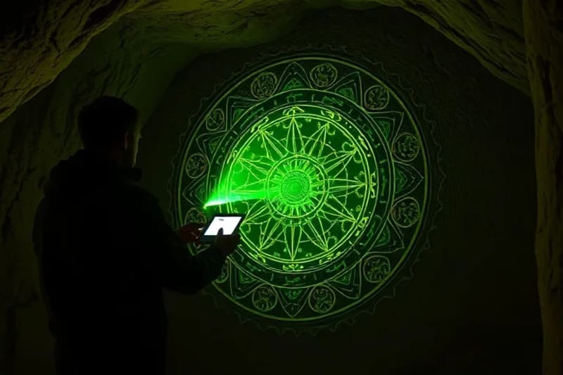 3D render of a modern archeologist using laser scanning on an ancient celestial map in a cave, blending old and new.