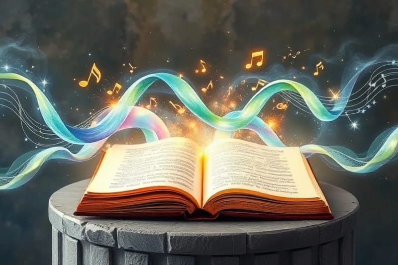 Ondas cerebrales representadas como patrones fluidos con notas musicales.