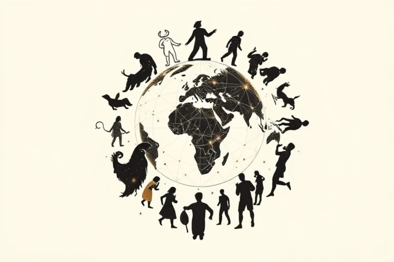 Stylized globe with human silhouettes and data streams