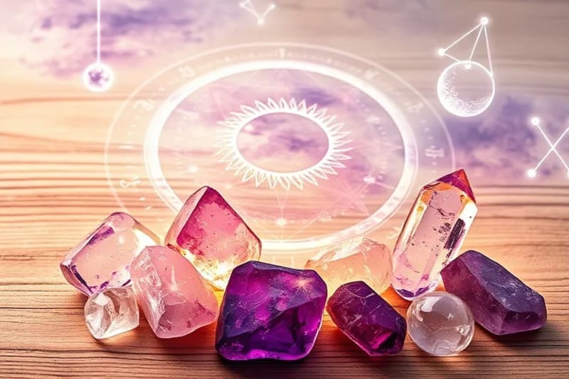 Una composición artística de cristales en bruto como amatista y cuarzo rosa, con símbolos planetarios sutiles flotando alrededor, evocando un ambiente de sanación.