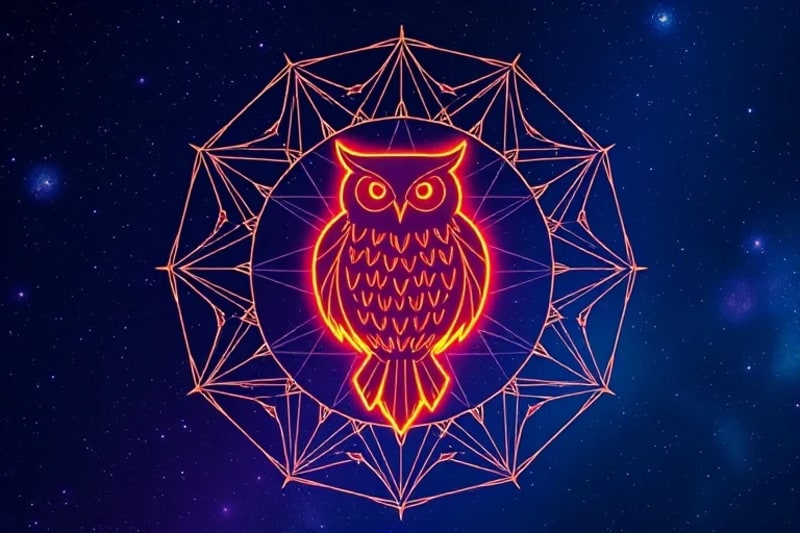 Representación geométrica de un búho y una llama, simbolizando sabiduría estratégica y devoción