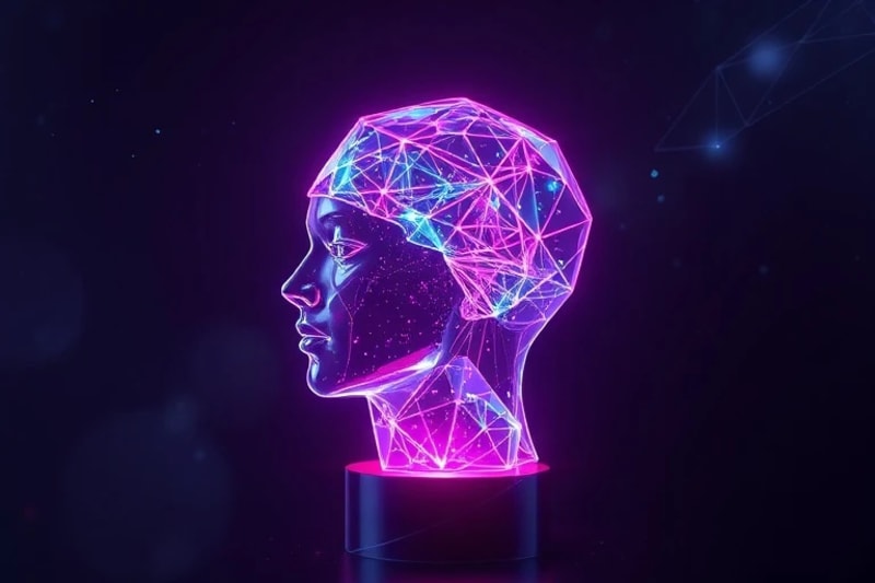 Transparent human head silhouette with neural networks, juxtaposed with a fragmented crystal ball reflecting biased data, symbolizing AI data integrity issues.