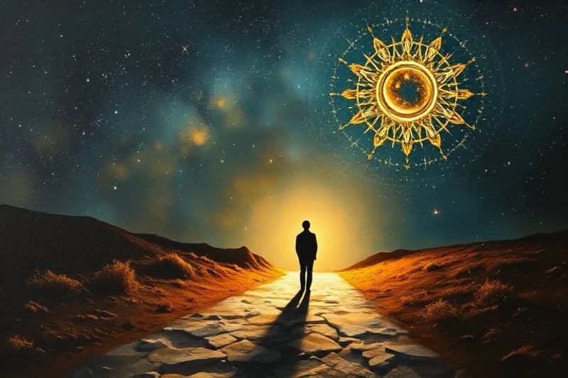 Solitary human figure at a crossroads, contemplating paths illuminated by natural light (intuition) and digital glow (algorithmic influence), symbolizing human agency.
