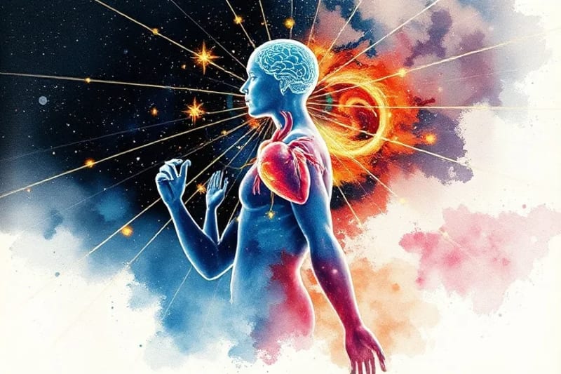 3D render of energetic ancestral lines flowing into a human silhouette, highlighting areas of inherited predispositions.