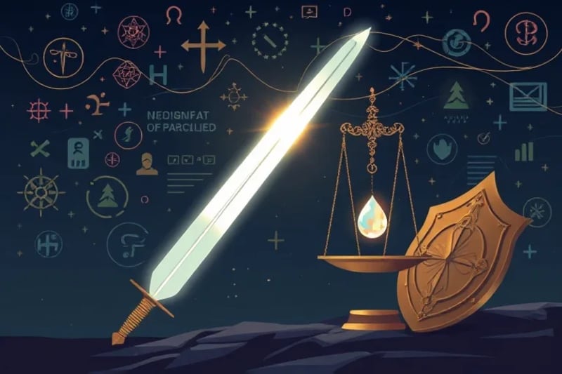 Bodegón conceptual que presenta una espada luminosa perforando una red de símbolos digitales distorsionados, junto a una balanza equilibrada con una perla de verdad y un escudo protector, simbolizando el discernimiento.