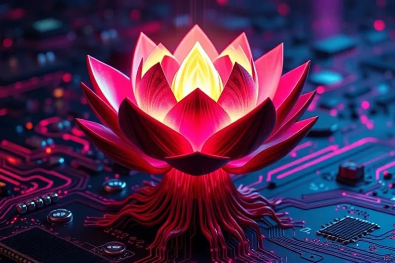 Flor de loto emergiendo de circuito electrónico