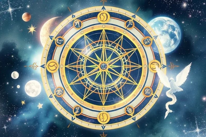 Watercolor illustration of esoteric symbols and celestial mechanics