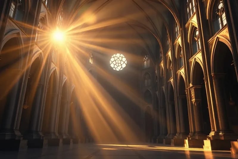 Renderizado 3D abstracto de un vórtice dinámico de luz y sombra con patrones geométricos sutiles, simbolizando la interacción de la voluntad divina y el libre albedrío humano en eventos globales.