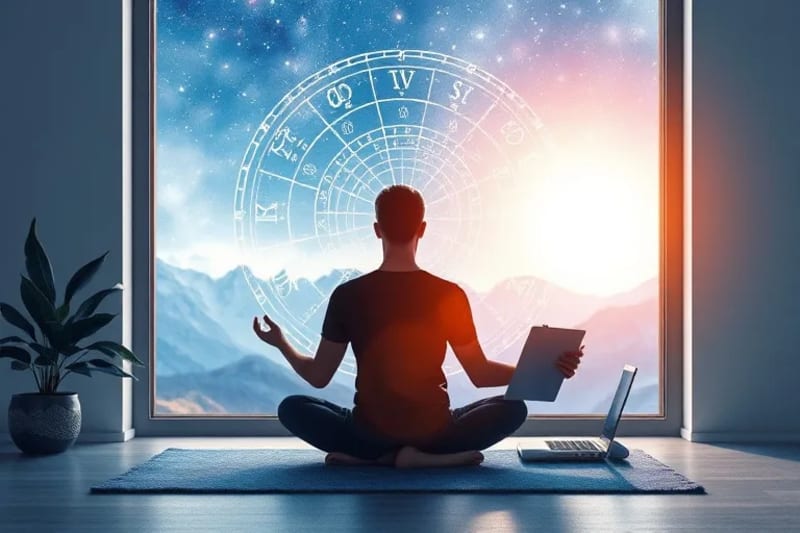 Persona meditando en un espacio de trabajo minimalista con vista a un paisaje natural