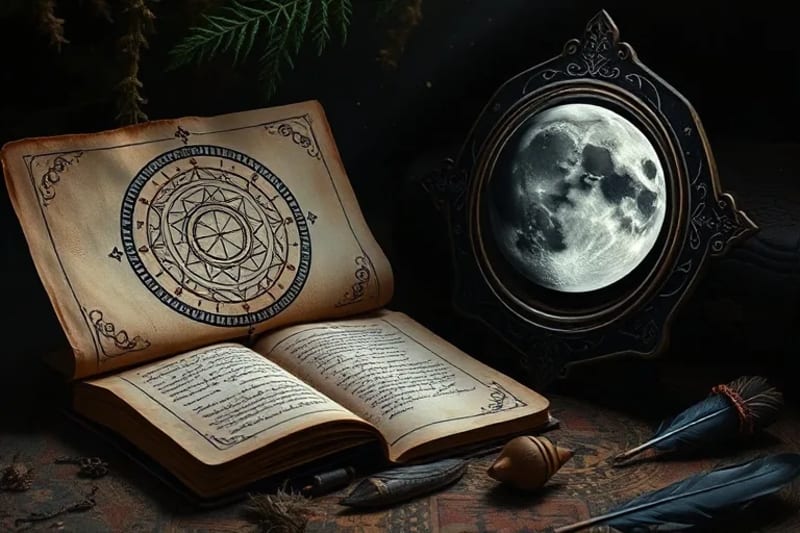An antique journal with celestial diagrams and an obsidian scrying mirror, representing deep introspection and the reflection of hidden emotional states.