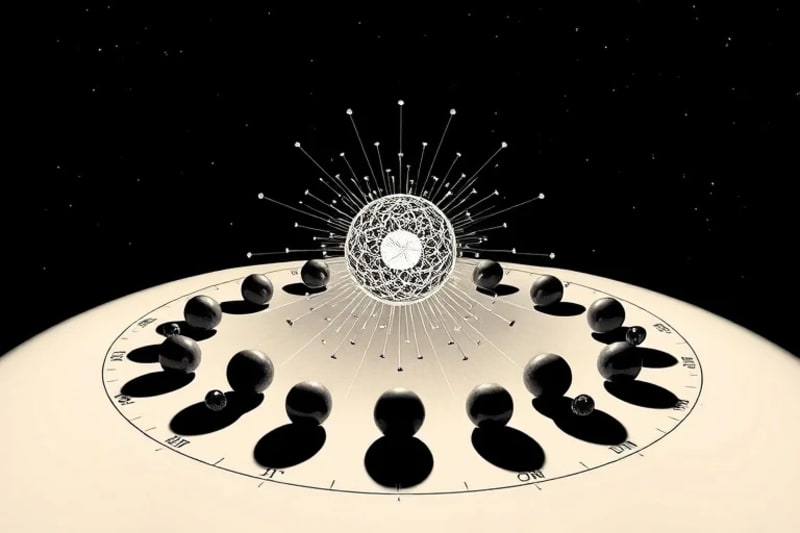 An abstract 3D render of interconnected neural networks surrounded by smaller spheres, symbolizing the complex interplay of ancient wisdom and internal psychological structures.
