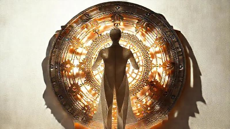 Silueta humana frente a un reloj cósmico con engranajes planetarios y sombras kármicas