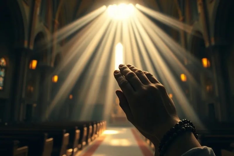 Manos unidas en oración, sosteniendo un rosario, con una luz suave que emana de ellas, simbolizando la conexión divina y la búsqueda de paz.