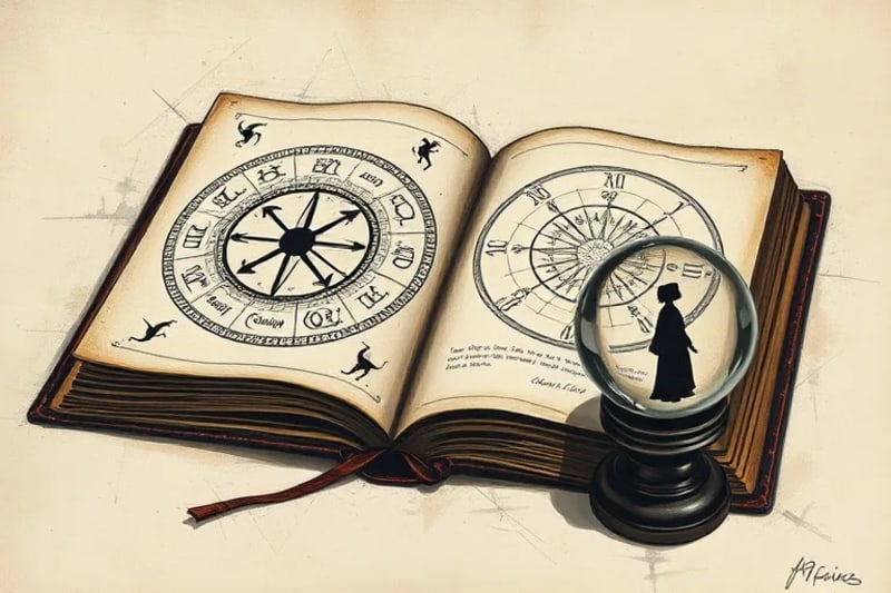 Libro antiguo con símbolos astrológicos y un árbol genealógico, representando la conexión entre el destino y la herencia familiar